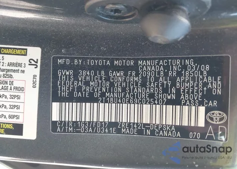 2009 Toyota Corolla S из США, поврежденный, VIN 2T1BU40E69C025407